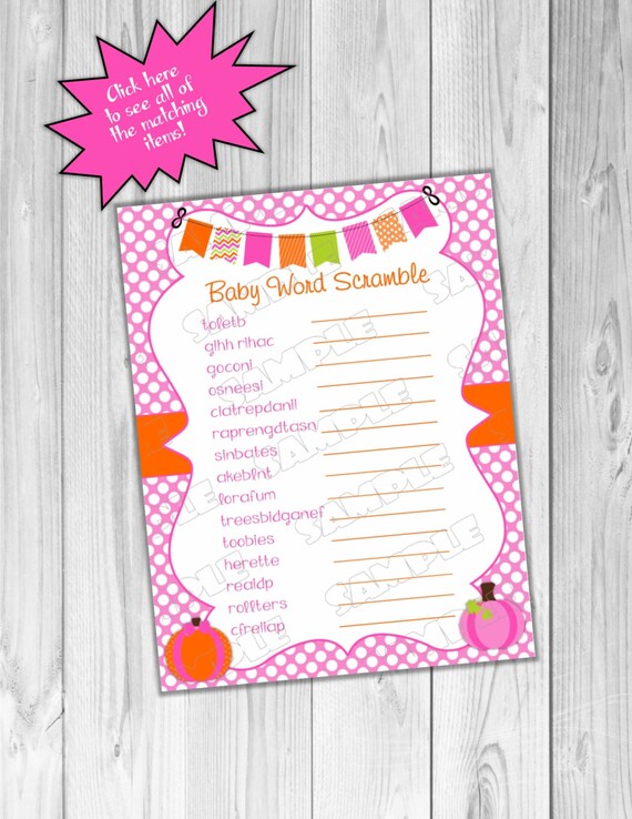 Pink Pumpkin fall Baby shower games word scramble game Printable INSTANT DOWNLOAD UPrint by greenmelonstudios pumpkin baby shower Il_570xn