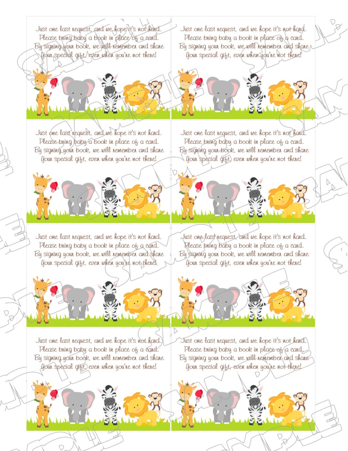 100x Cute Jungle Animals Safari Baby Shower Bring a Book Instead of a Card Insert