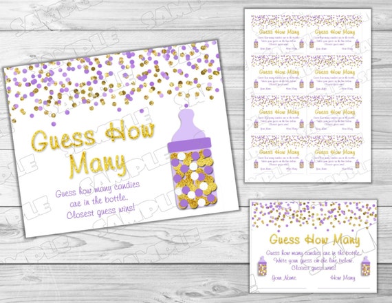 Purple and gold Baby shower games guess how many candies glitter Printable INSTANT DOWNLOAD UPrint by greenmelonstudios glitter baby shower Il_570xn