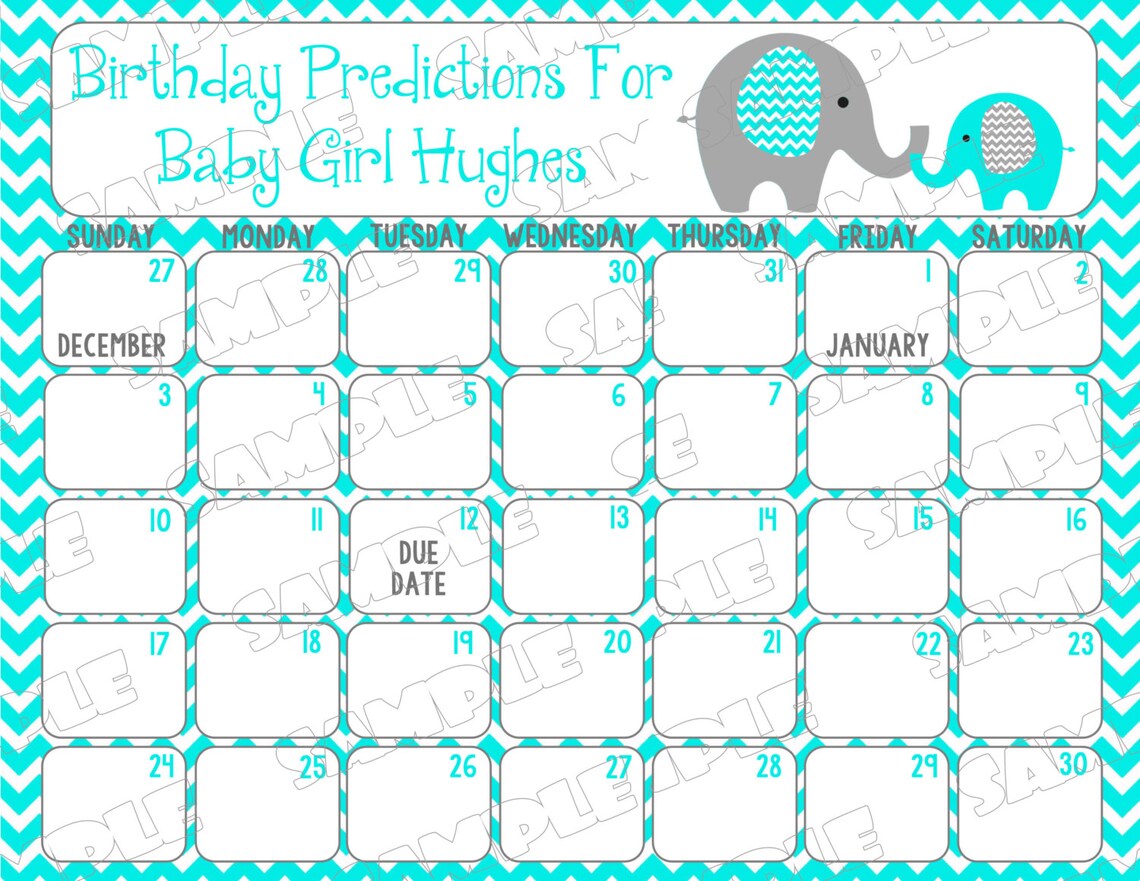 Baby Birthday Predictions Printable Calendar Elephant Aqua and | Etsy
