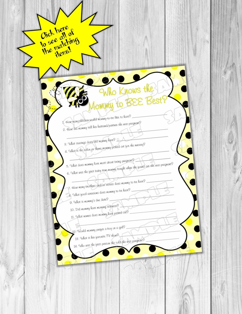Bumble bee baby shower who knows mommy best game mommy to bee Printable INSTANT DOWNLOAD UPrint bee baby bumbleebee baby shower image 1