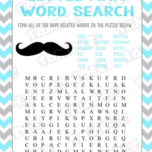 Mustache Baby Shower Games Word Search Game Printable INSTANT DOWNLOAD ...