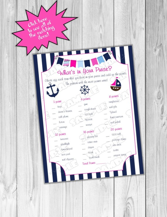 Pink Nautical Anchor Baby shower games what's in your purse game Printable INSTANT DOWNLOAD UPrint by greenmelonstudios nautical baby shower Il_570xn