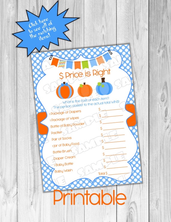 Blue Pumpkin Baby shower games price is right game Printable INSTANT DOWNLOAD UPrint by greenmelonstudios pumpkin fall baby shower Il_570xn