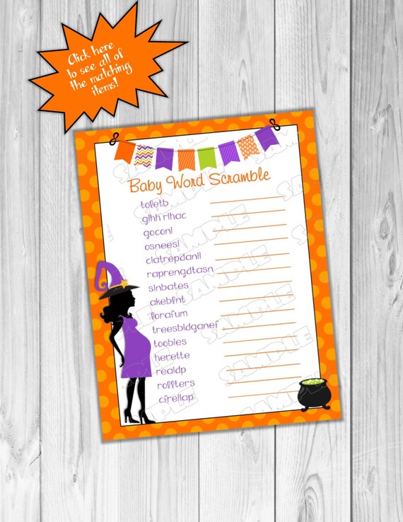 Halloween Baby shower games word scramble game Printable INSTANT
