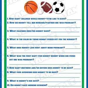 Sports Baby shower games who knows mommy best balls Printable INSTANT DOWNLOAD UPrint by greenmelonstudios balls sports baby shower image 2