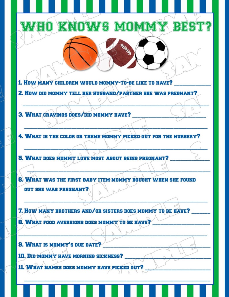 Sports Baby shower games who knows mommy best balls Printable INSTANT DOWNLOAD UPrint by greenmelonstudios balls sports baby shower image 2