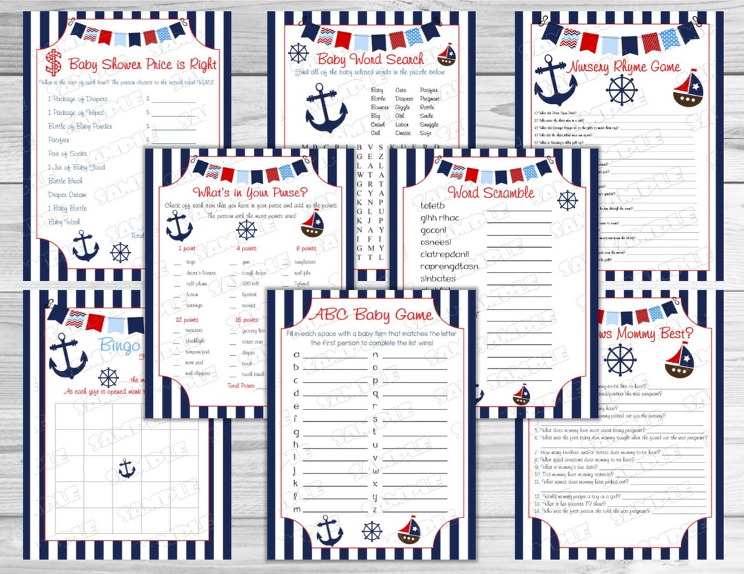 Nautical Anchor Baby Shower Games Set of 8 Games Bundle Printable