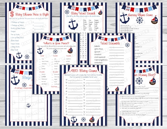 Nautical Anchor Baby shower games set of 8 games bundle Printable INSTANT DOWNLOAD UPrint by greenmelonstudios nautical baby shower Il_570xn