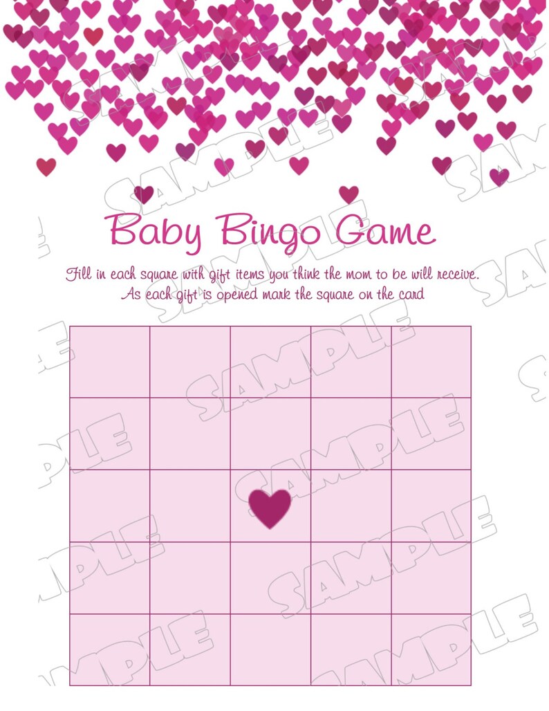 Pink Heart confetti Baby shower games bingo game Printable INSTANT DOWNLOAD UPrint by greenmelonstudios heart baby shower image 2