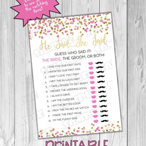 He Said She Said game pink and gold glitter Bridal Shower Printable INSTANT DOWNLOAD UPrint by greenmelonstudios gold glitter bridal shower image 1