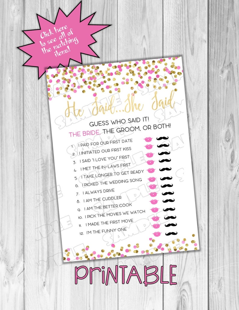 He Said She Said game pink and gold glitter Bridal Shower Printable INSTANT DOWNLOAD UPrint by greenmelonstudios gold glitter bridal shower image 1