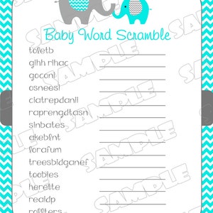 Elephant baby shower games aqua and gray word scramble baby shower game Printable INSTANT DOWNLOAD UPrint by greenmelonstudios image 2