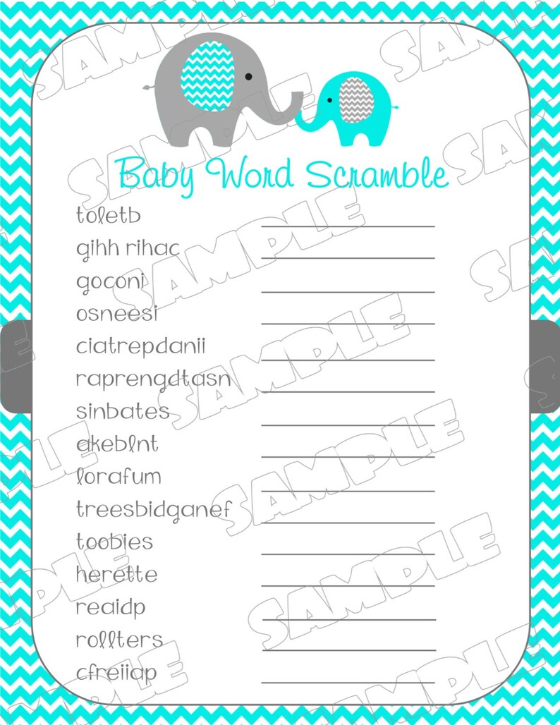 Elephant baby shower games aqua and gray word scramble baby shower game Printable INSTANT DOWNLOAD UPrint by greenmelonstudios image 2