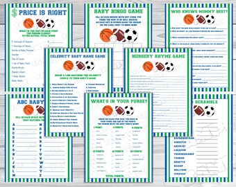 Sports Baby shower games set of 8 games bundle ball baby shower Printable INSTANT DOWNLOAD  UPrint  by greenmelonstudios balls baby shower