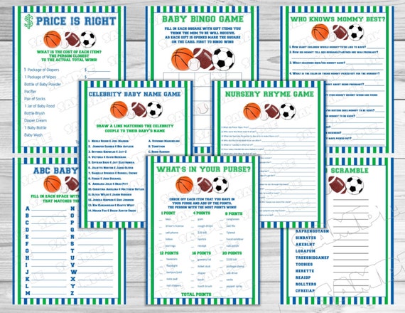 Sports Baby shower games set of 8 games bundle ball baby shower Printable INSTANT DOWNLOAD UPrint by greenmelonstudios balls baby shower Il_570xn