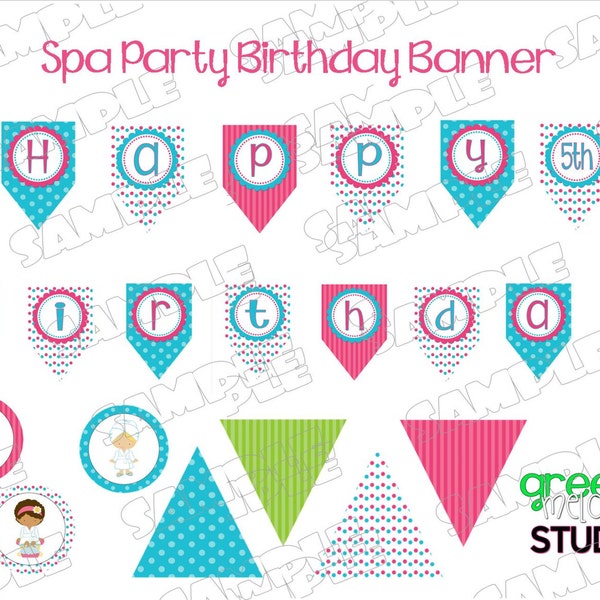 Spa Party banner with banner spacers and pennant banner pieces INSTANT DOWNLOAD UPrint customized card by greenmelonstudios