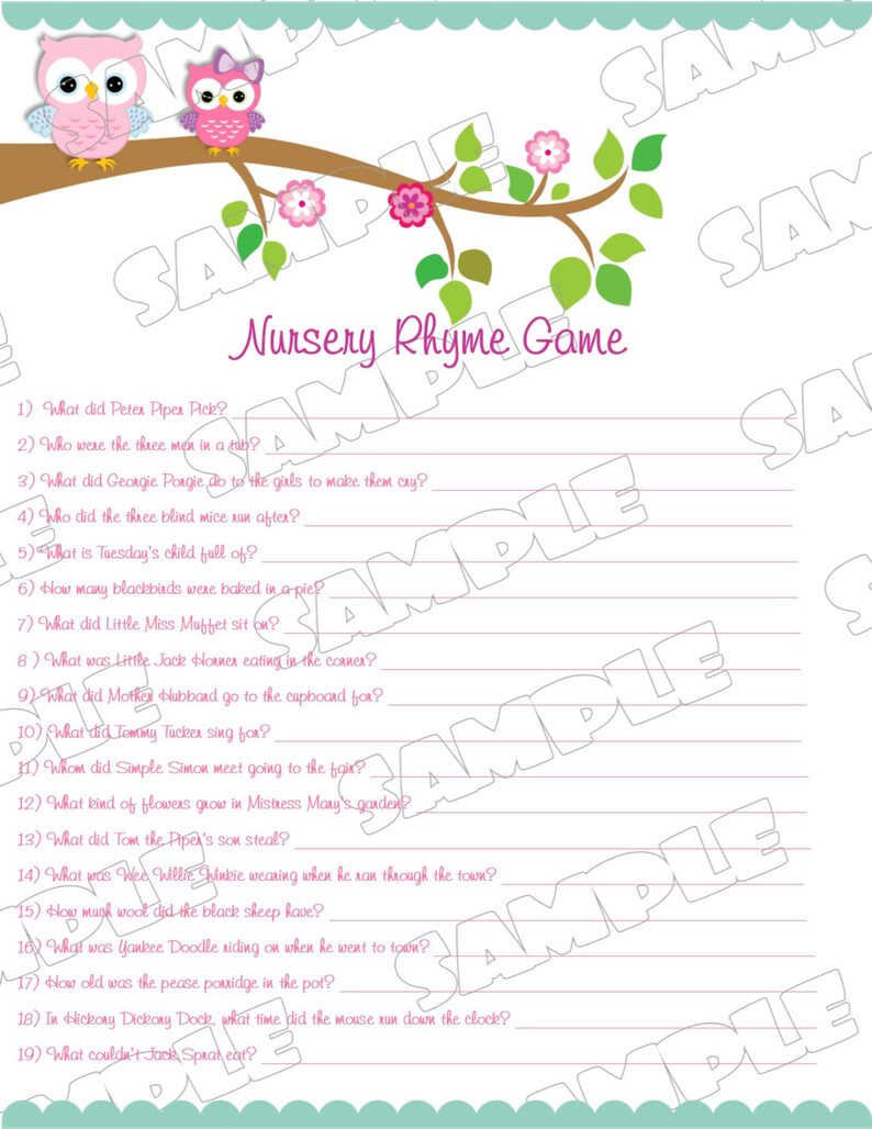 Pink Owl Baby Shower Games Owl Nursery Rhyme Game Printable Etsy