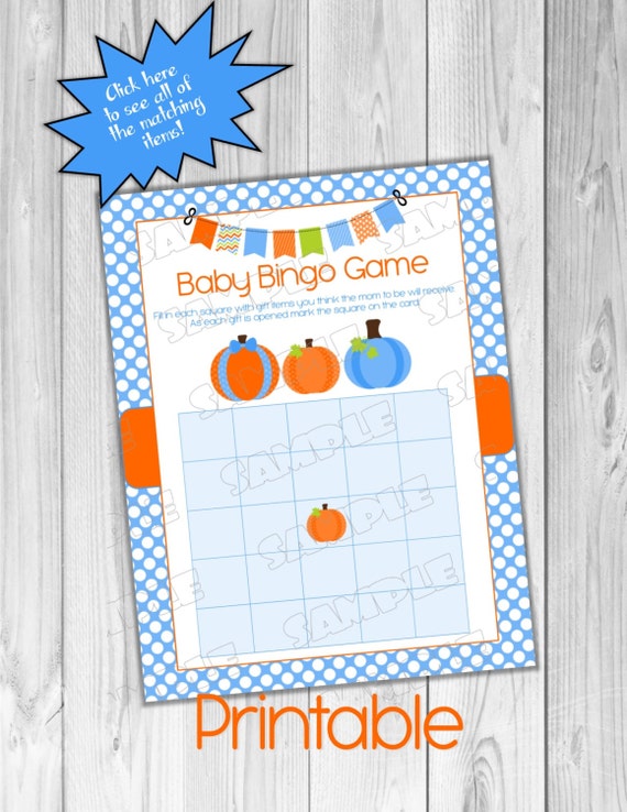 Blue Pumpkin Baby shower games bingo game Printable INSTANT DOWNLOAD UPrint by greenmelonstudios pumpkin fall baby shower Il_570xn