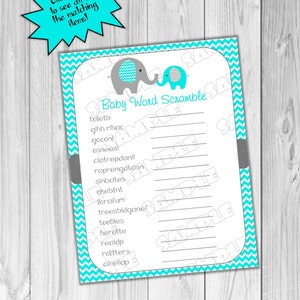 Elephant baby shower games aqua and gray word scramble baby shower game Printable INSTANT DOWNLOAD UPrint by greenmelonstudios image 1