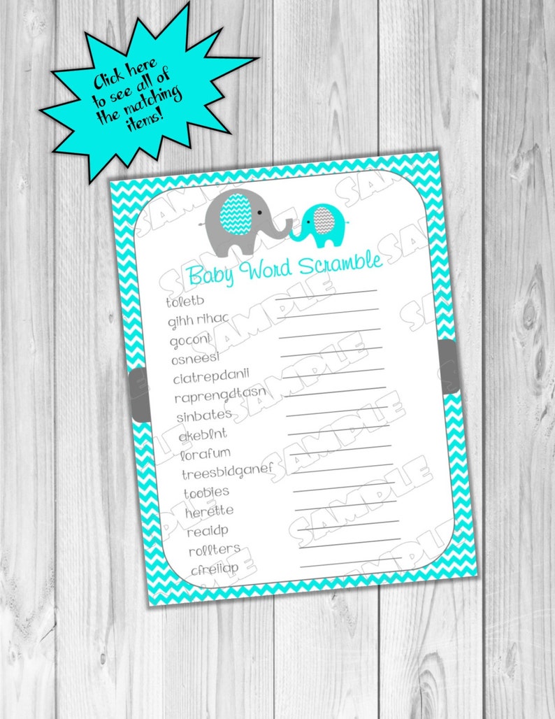 Elephant baby shower games aqua and gray word scramble baby shower game Printable INSTANT DOWNLOAD UPrint by greenmelonstudios image 1