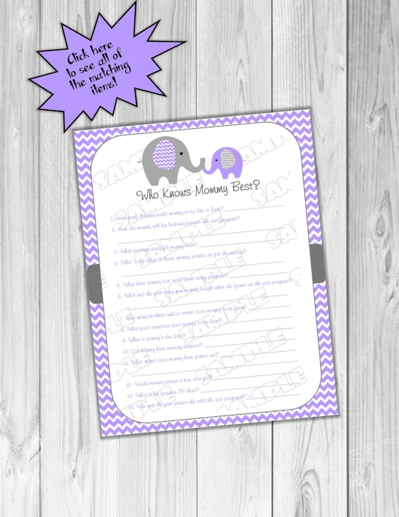 Elephant baby shower games purple and gray who knows mommy best game baby shower game Printable INSTANT DOWNLOAD UPrint by greenmelonstudios Il_570xn