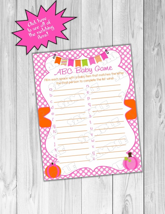 Pink Pumpkin Baby shower games abc baby game Printable INSTANT DOWNLOAD UPrint by greenmelonstudios pumpkin fall baby shower Il_570xn