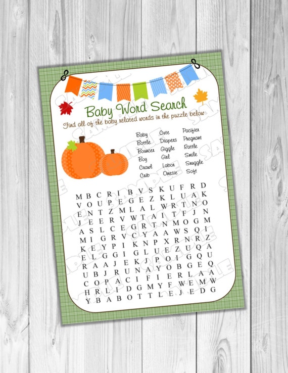 Pumpkin fall Baby shower games word search game Printable INSTANT DOWNLOAD UPrint by greenmelonstudios pumpkin baby shower Il_570xn