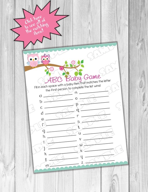 Pink Owl Baby shower games owl abc baby game Printable INSTANT DOWNLOAD UPrint by greenmelonstudios pink owl baby shower Il_570xn