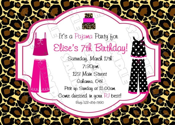 Pajama birthday party leopard print printable invitations UPrint customized card by greenmelonstudios Il_570xn