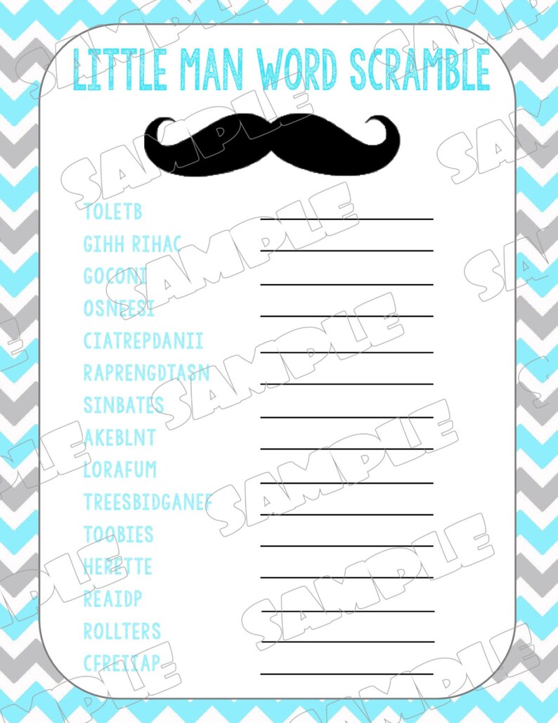 Mustache Baby shower games word scramble game Printable | Etsy