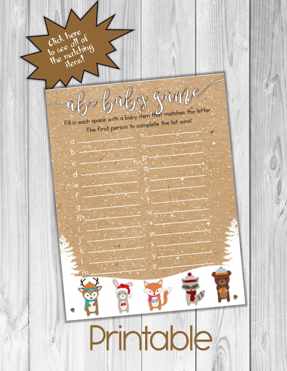 Winter Woodland animals abc baby game baby shower Printable INSTANT DOWNLOAD UPrint by greenmelonstudios winter woodland baby shower Il_570xn