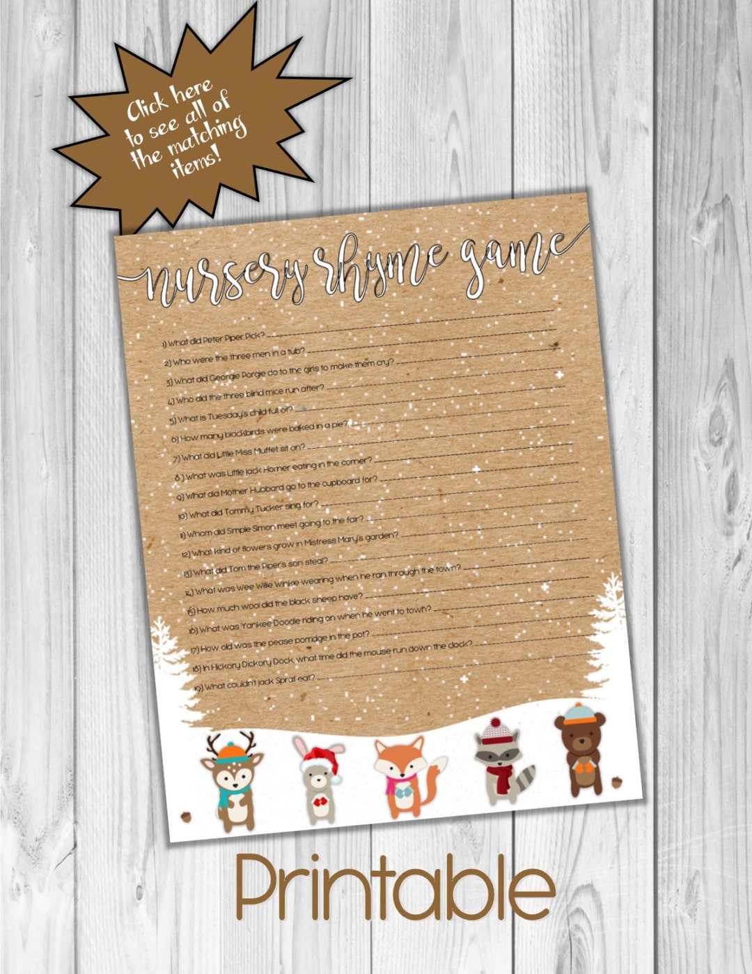 Winter Woodland Animals Nursery Rhyme Game Baby Shower Printable INSTANT DOWNLOAD Uprint by