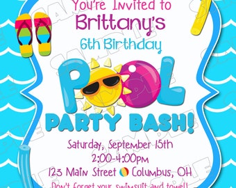 Pool party invitation swim party swimming birthday party printable invitations beach party UPrint customized card by greenmelonstudios