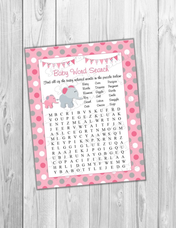 Pink elephant Word Search baby shower game Printable INSTANT DOWNLOAD UPrint by greenmelonstudios elephant baby shower Il_570xn