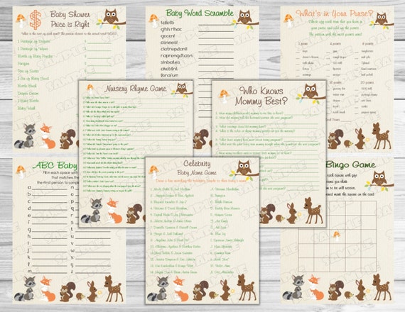 Woodland Forest animal Baby shower games set of 8 games bundle Printable INSTANT DOWNLOAD UPrint by greenmelonstudios woodland baby shower Il_570xn