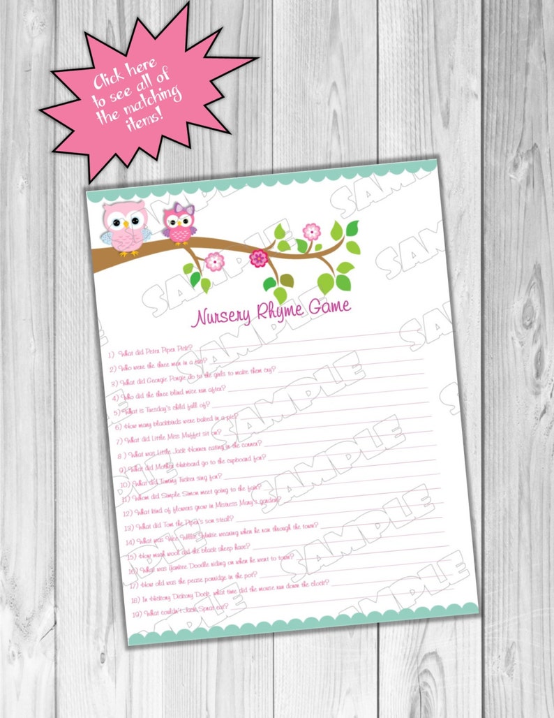 Pink Owl Baby Shower Games Owl Nursery Rhyme Game Printable Etsy