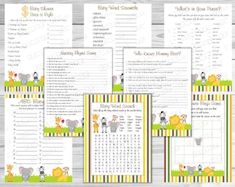 Jungle Safari Baby shower set of 8 games bundle safari jungle Printable INSTANT DOWNLOAD  UPrint  by greenmelonstudios jungle baby shower