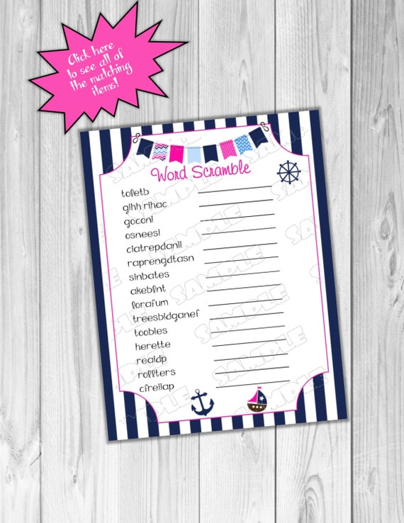 Pink Nautical Anchor Baby shower games word scramble game Printable INSTANT DOWNLOAD UPrint by greenmelonstudios nautical baby shower Il_570xn