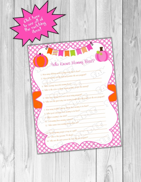 Pink Pumpkin Baby shower games who knows mommy best game Printable INSTANT DOWNLOAD UPrint by greenmelonstudios pumpkin fall baby shower Il_570xn