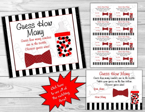 Bowtie Baby shower games guess how many candy red black Printable INSTANT DOWNLOAD UPrint by greenmelonstudios bowtie bow tie baby shower Il_570xn