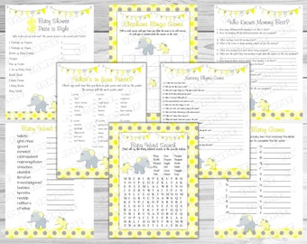 Yellow elephant baby shower games set of 8 games bundle Printable INSTANT DOWNLOAD  UPrint  by greenmelonstudios elephant baby shower