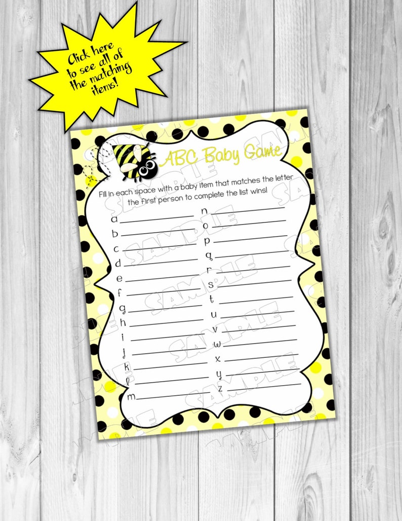 Bumble bee baby shower abc baby game Printable INSTANT DOWNLOAD UPrint by greenmelonstudios bumbleebee baby shower image 1