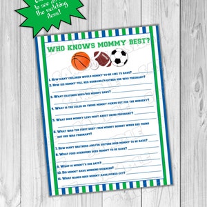 Sports Baby shower games who knows mommy best balls Printable INSTANT DOWNLOAD UPrint by greenmelonstudios balls sports baby shower image 1