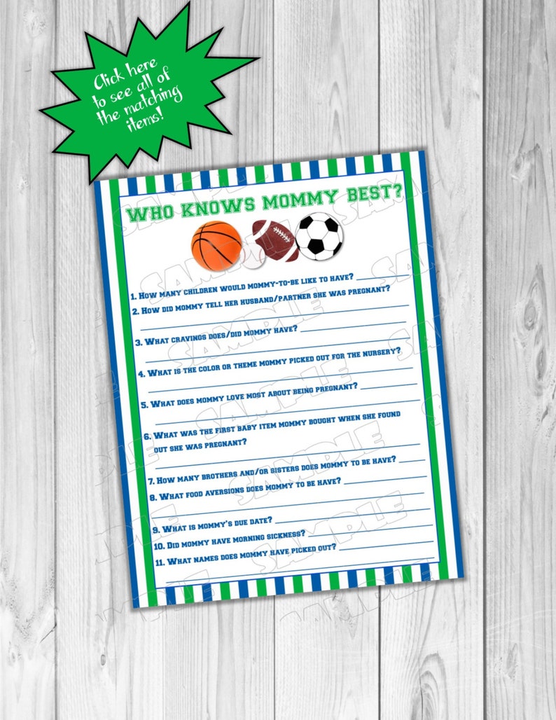 Sports Baby shower games who knows mommy best balls Printable INSTANT DOWNLOAD UPrint by greenmelonstudios balls sports baby shower image 1