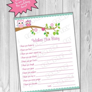 Pink Owl Baby Wishes for Baby Shower Games Owl Printable INSTANT ...