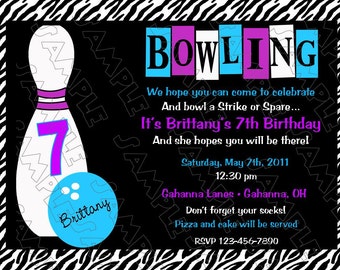 Bowling birthday party zebra ANY COLOR printable invitation any colors UPrint customized card by greenmelonstudios