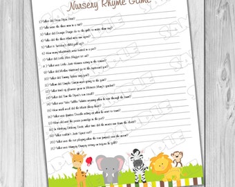 Jungle safari Baby shower games nursery rhyme game with answers Printable INSTANT DOWNLOAD  UPrint  by greenmelonstudios jungle baby shower