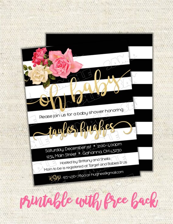 Gold black and white stripe baby shower invitation printable Etsy