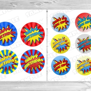 Superhero circle tags 3&quot; and 4&quot; tags INSTANT DOWNLOAD  superhero printable party superhero birthday no personalization superhero signs